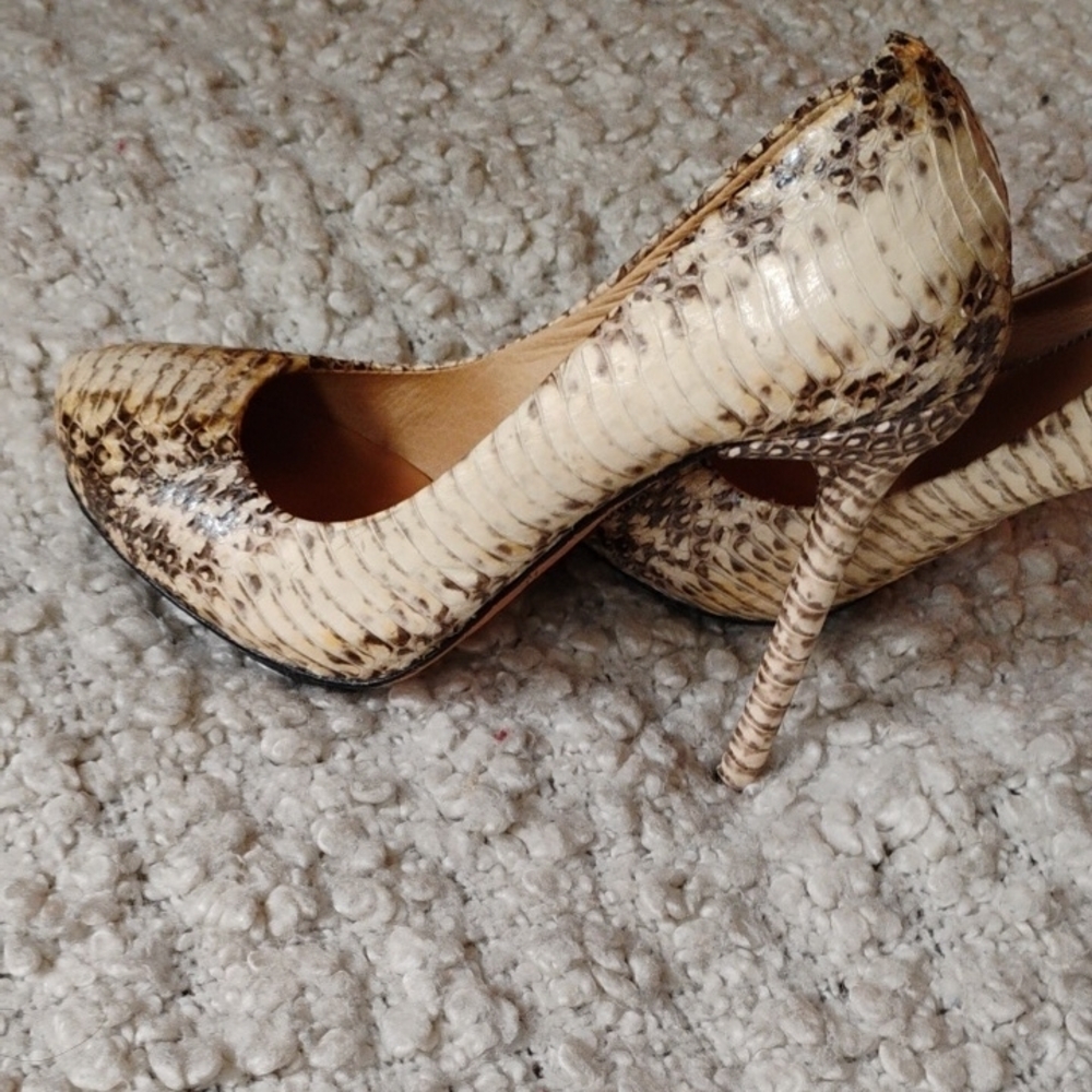 L.A.M.B. Cream and Brown Heels with Snakeskin Pattern